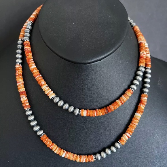 Long Sterling Silver Orange Spiny Oyster W Pearls Bead...